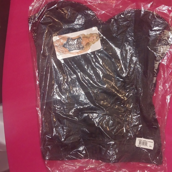 Shirley Of Hollywood Stretchy White Satin W/Black Lace & Sequins Corset (L) - Picture 5 of 11